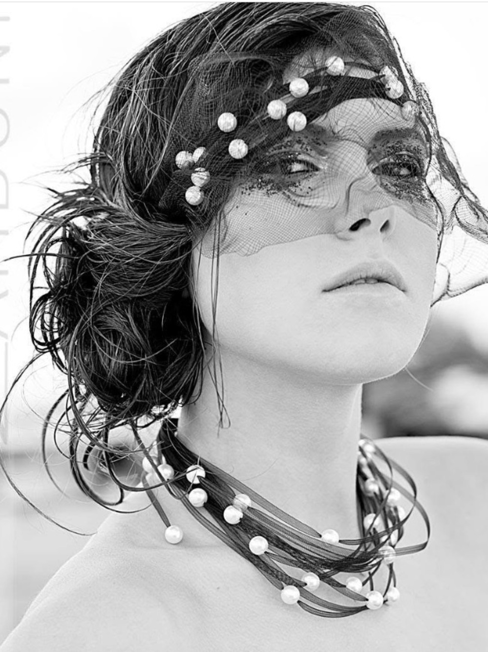 Multi-Strand Black Ribbon Necklace with Pearl Accents